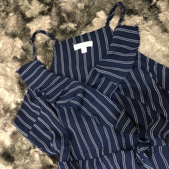 NAVY BLUE WHITE STRIPES SPAGHETTI STRAP WRAPPED BUSINESS CASUAL RUFFLE DRESS - Picture 9 of 11